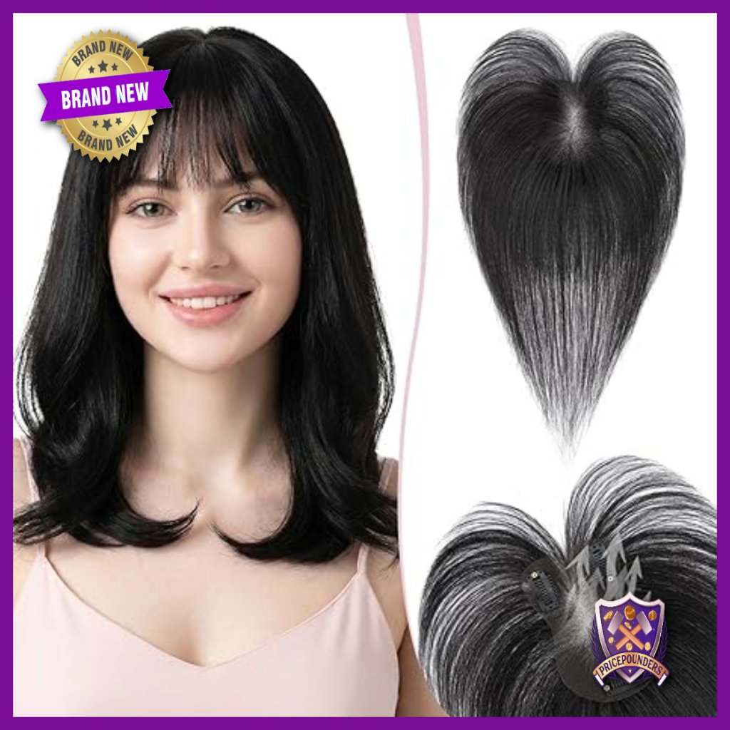 Human Hair Topper With Wispy Bangs, Clip-In For Thinning Hair